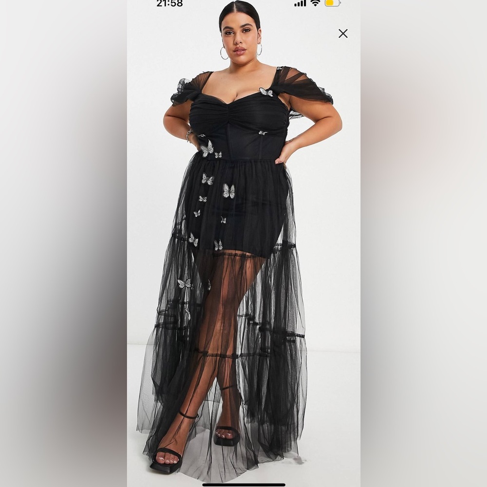 Lace & Beads Plus exclusive sheer corset 3D print embroidered dress in black